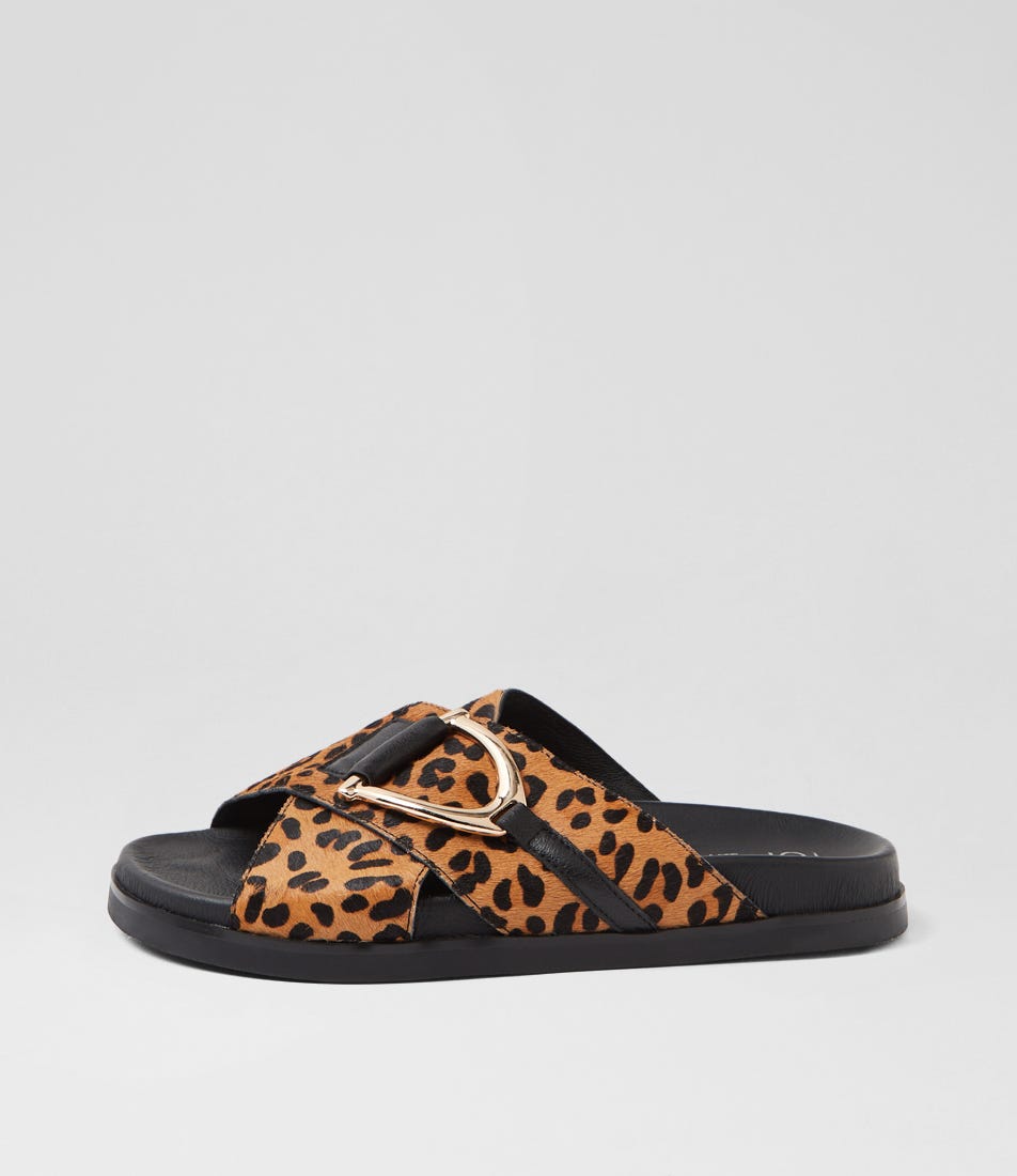 Roule Tan Leopard Black Leather Slides