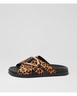 Roule Tan Leopard Black Leather Slides