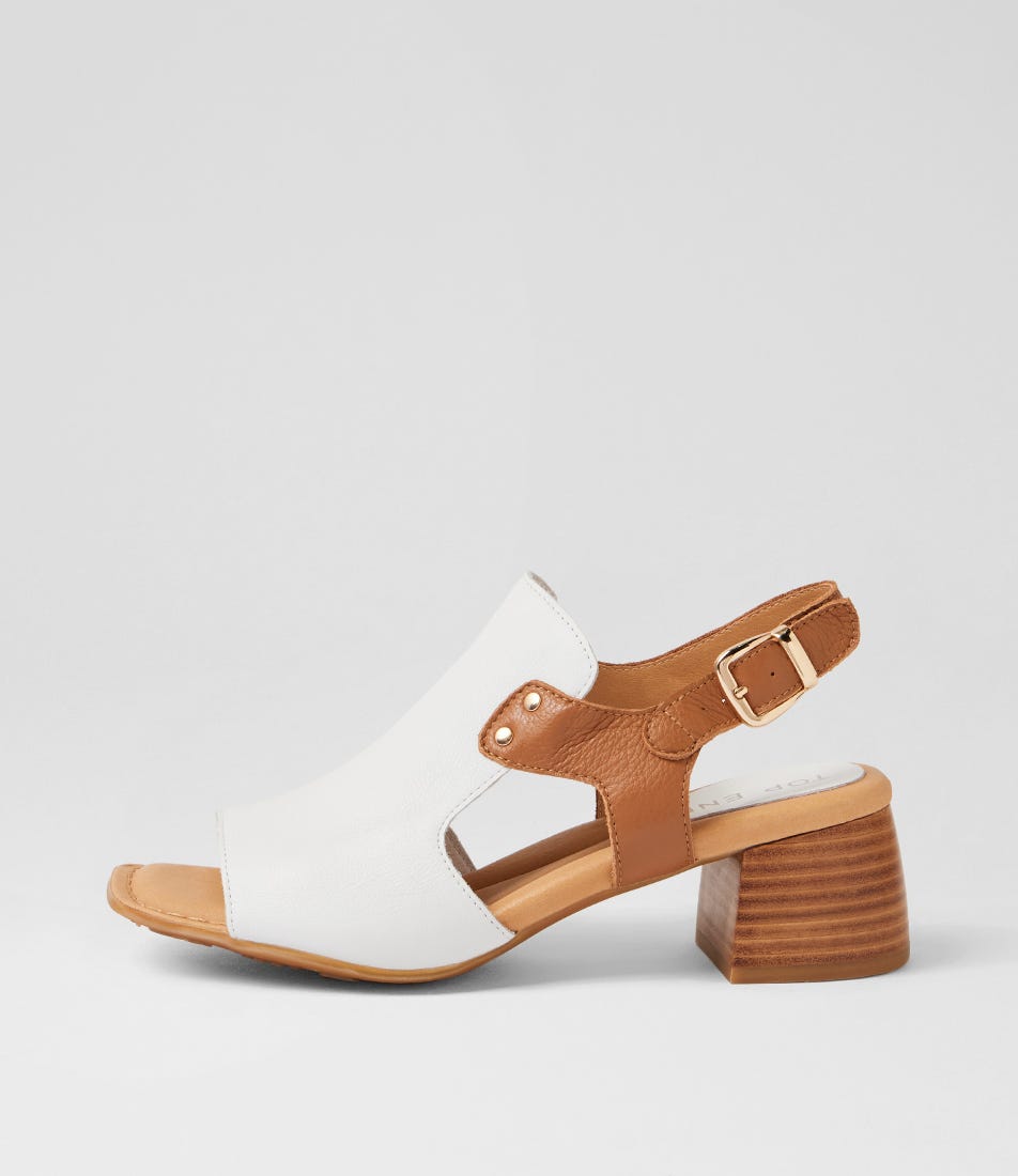 Franko White Dark Tan Leather Block Heel Sandals