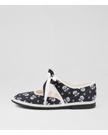 Lexey Black White Flower Fabric Flat Shoes