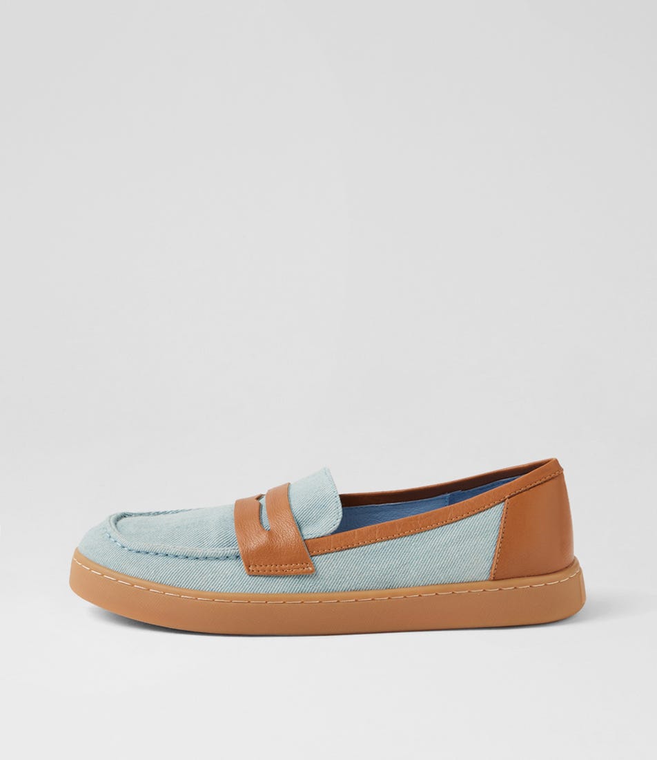 Nimay Light Denim Dark Tan Fabric Leather Loafers