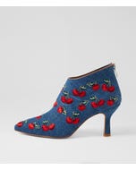 Larasy Blue Cherries Tan Denim Ankle Boots