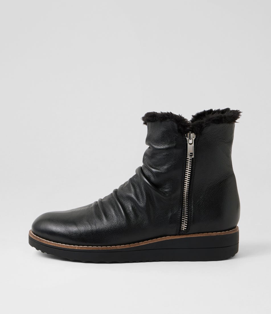 Omage Black Leather Fur Ankle Boots