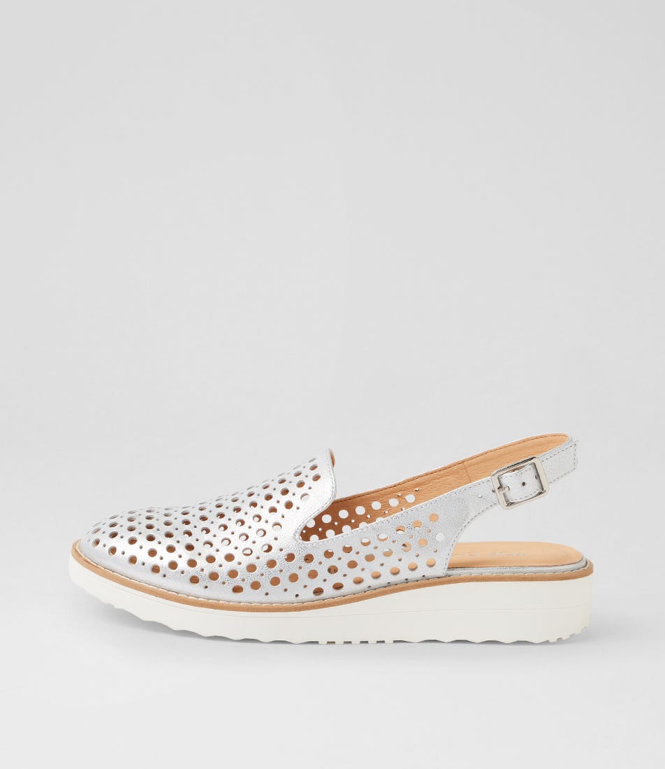 Onula White Silver Wash Leather Flat Shoes