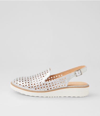 Onula White Silver Wash Leather Flat Shoes