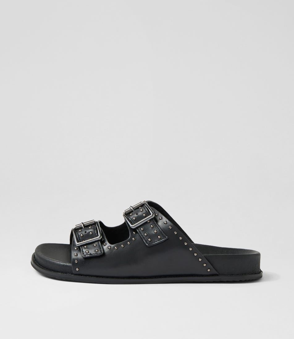 Havro W Black Gunmetal Leather Slides