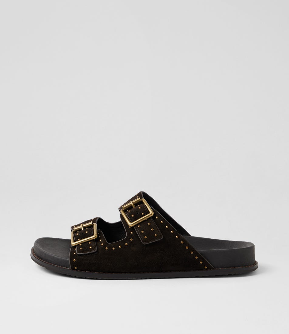 Havro W Choc Antique Gold Suede Slides