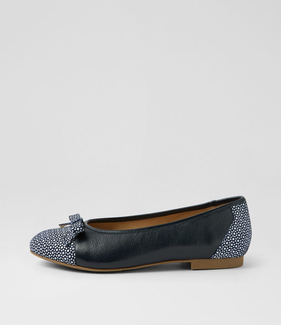 Cellos Xf Navy White Print Navy Leather Flat Shoes
